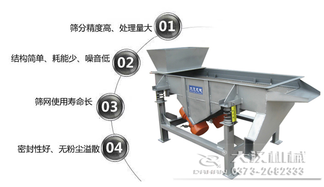 1016型直線振動篩特點(diǎn)：1，篩分精度高，處理量大。2，結(jié)構(gòu)簡單，耗能少，噪音低，3，篩網(wǎng)使用壽命長，密封性好無粉塵溢散。