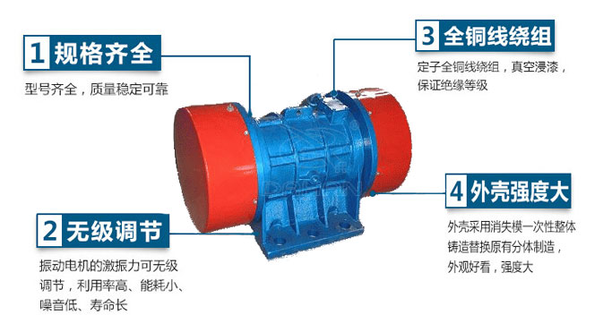 VB振動電機(jī)特點(diǎn)：1，規(guī)格齊全：型號齊全，質(zhì)量穩(wěn)定可靠。2，無極調(diào)節(jié)：振動電機(jī)的激振力可無極調(diào)節(jié)，利用率高，能耗小，噪音低，壽命長。4，外殼輕度大：外殼采用消失模一次性整體鑄造替換原有分體制造，外觀好看，強(qiáng)度大。