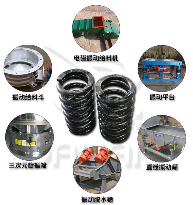 旋振篩減震彈簧適用產(chǎn)品：振動(dòng)給料機(jī)，電磁振動(dòng)給料機(jī)，振動(dòng)平臺(tái)，直線振動(dòng)篩，振動(dòng)脫水篩，三次元旋振篩。