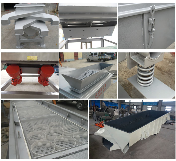 多層直線振動篩由進料口,底座,振動電機,篩網(wǎng),篩框,彈簧,出料口等組成。