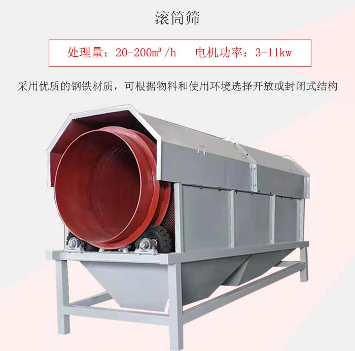滾筒篩采用優(yōu)質(zhì)的鋼鐵材質(zhì)，可根據(jù)物料和使用環(huán)境選擇開放或封閉式結(jié)構(gòu)
