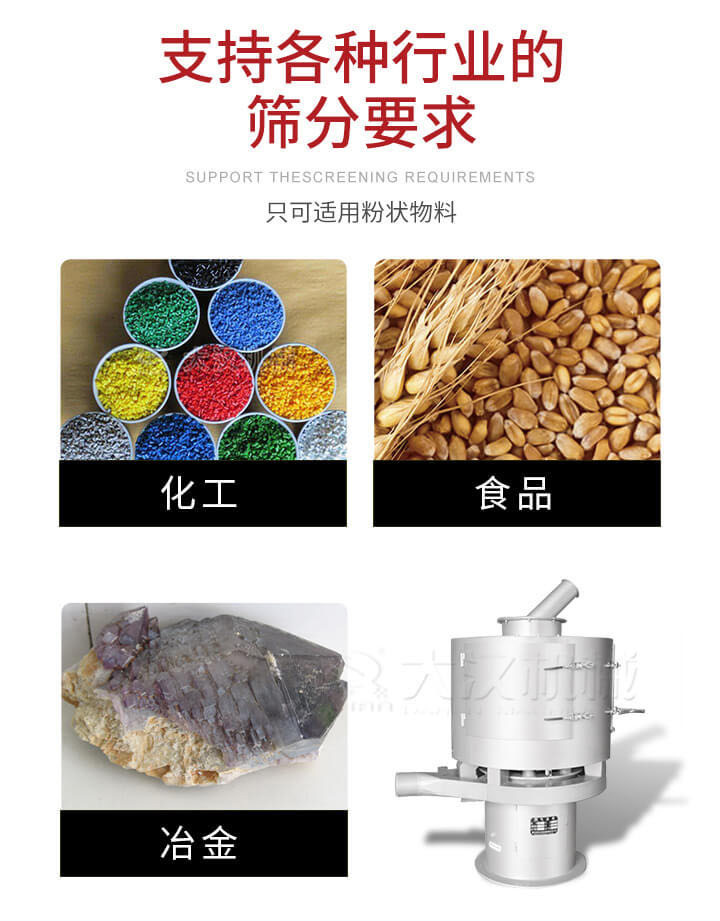 氣流篩用于礦粉，石墨粉，活性納米碳酸鈣，鋁灰，大豆粉，碳酸重鈣，石墨粉，木粉，干草，重金石粉，藥粉末，橡膠顆粒，草酸鹽，干料粉，木粉，聚酯粉，干粉，塑料，金屬粉末，橡膠粉，粉煤灰，石墨粉，陶瓷粉，鋅粉，石英粉，石灰粉，鐵粉，金屬硅粉等。