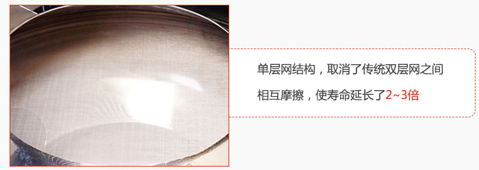 單層網(wǎng)結(jié)構(gòu)，取消了傳統(tǒng)雙層網(wǎng)之間相互摩擦，使壽命延長(zhǎng)了2~3倍