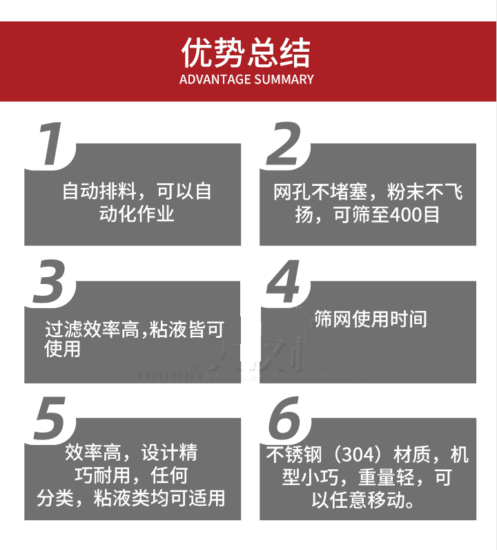 過濾篩優(yōu)勢總結(jié)：1，自動排料，可以自動化作用。2，網(wǎng)孔不堵塞，粉塵不飛揚，可篩至400目。3，過濾效率高，任何粒，粉，粘液也可使用。4，篩網(wǎng)設計大大提高了篩網(wǎng)使用時間，也魏換網(wǎng)提高了方便。5，效率高，設計精巧耐用，任何分類設計精巧耐用，任何分類，粘液類均可適用。6，不銹鋼材質(zhì)機型小巧，重量輕，可以任意移動。