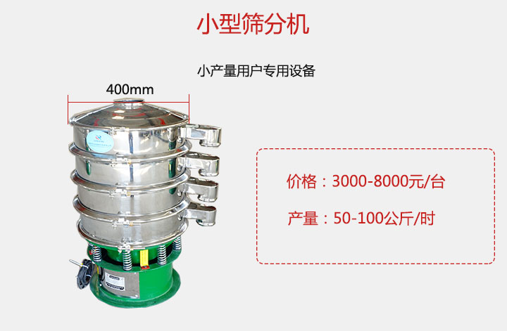 小型篩分機產(chǎn)量可達100公斤/時，價格3000元起。