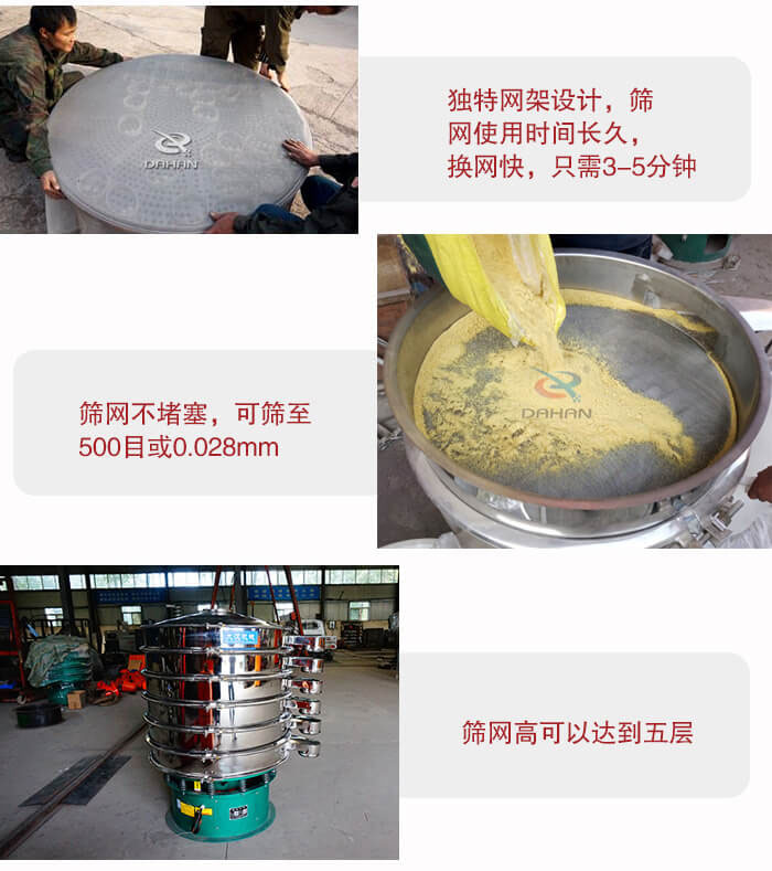 三次元振動篩的特點：篩網(wǎng)使用時間長換讓時間短，篩網(wǎng)不堵塞，可篩至500目或0.028mm。