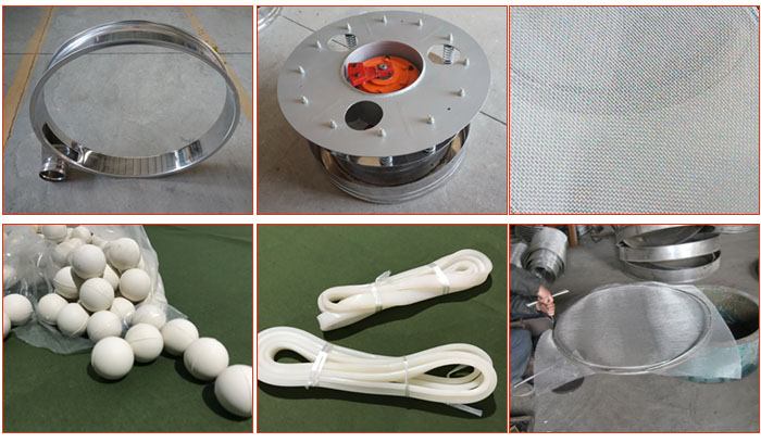 800型全不銹鋼振動篩配件有：振動篩篩框，電機(jī)，不銹鋼篩網(wǎng)等。