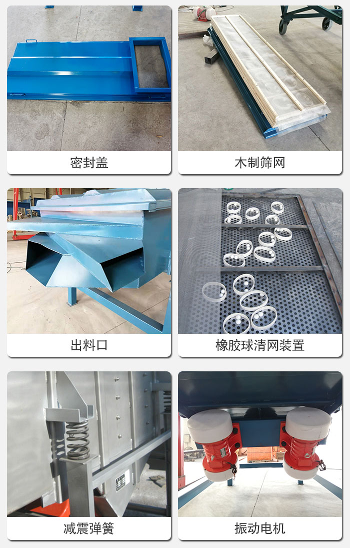 直線篩結(jié)構(gòu)展示：篩網(wǎng)，篩箱，振動(dòng)電機(jī)，振動(dòng)電機(jī)座，減震彈簧，支架等部件展示圖