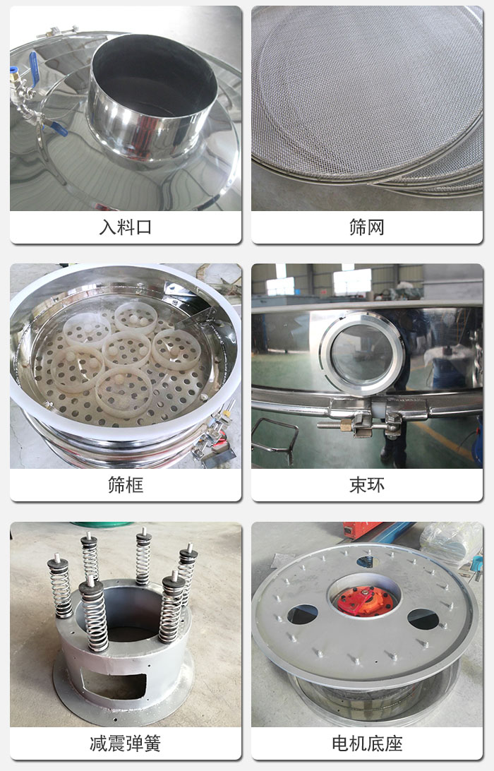 醫(yī)藥振動篩有電機底座，減震彈簧，束環(huán)，篩框，入料口，篩網等部件展示。