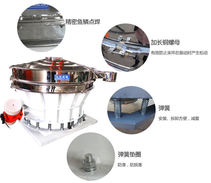 1500直排篩細節(jié)展示：彈簧，彈簧墊圈，加長銅螺母。