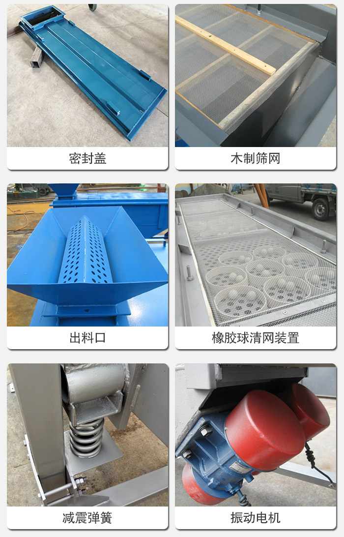 直線篩分機(jī)的結(jié)構(gòu)展示圖：篩箱是物料主要篩分設(shè)備之一，篩網(wǎng)用于篩分物料，振動(dòng)電機(jī)幫助篩網(wǎng)篩分。