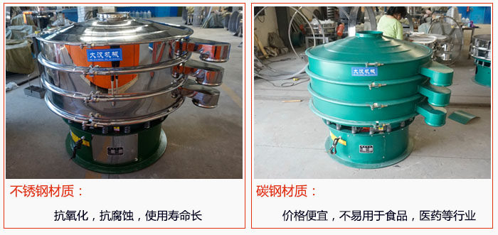 800型振動篩有不銹鋼和碳鋼兩種材質(zhì)，不銹鋼材質(zhì)：抗氧化，抗腐蝕，使用壽命長 碳鋼材質(zhì)：價格便宜，不易篩分食品，化工，醫(yī)藥等行業(yè)的物料。