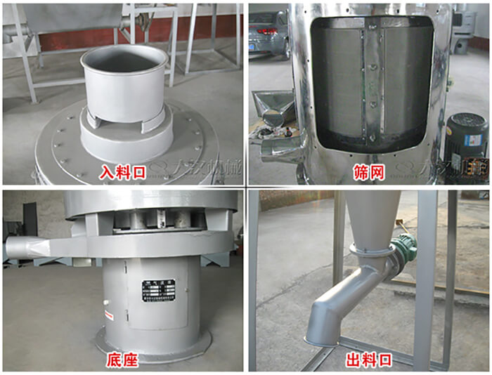 氣流篩部件展示：入料口，篩網(wǎng)，底座，出料口等。