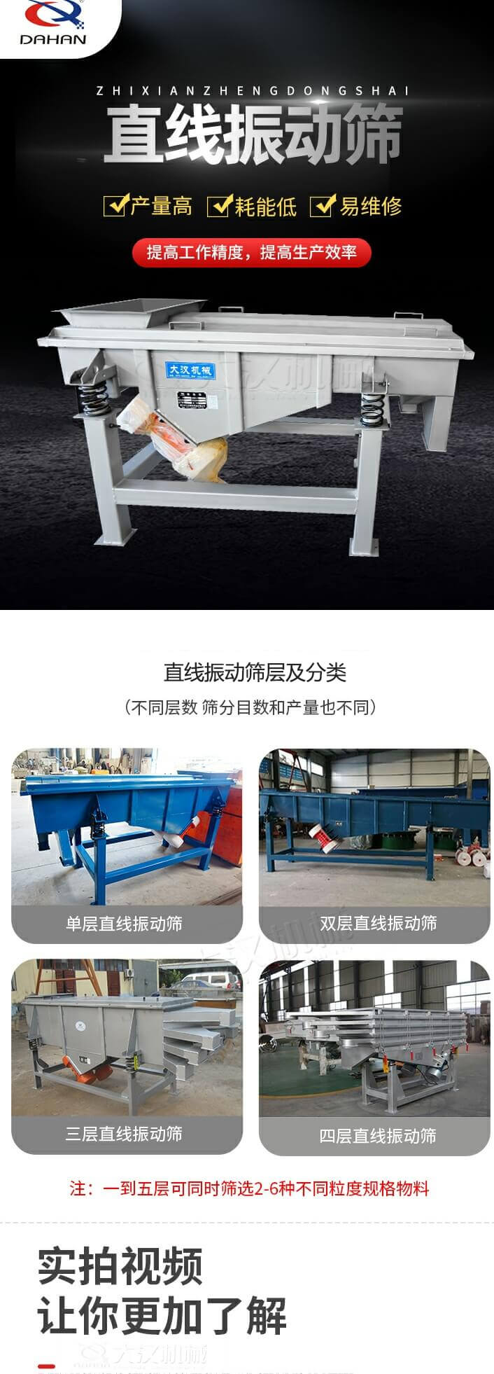 直線振動(dòng)篩概述，產(chǎn)量高，耗能低，易維修，提高工作精度，提高生產(chǎn)效率，直線振動(dòng)篩層級(jí)分類：不同層數(shù)，篩分目數(shù)和產(chǎn)量也不同：?jiǎn)螌樱p層，三層，四層等。