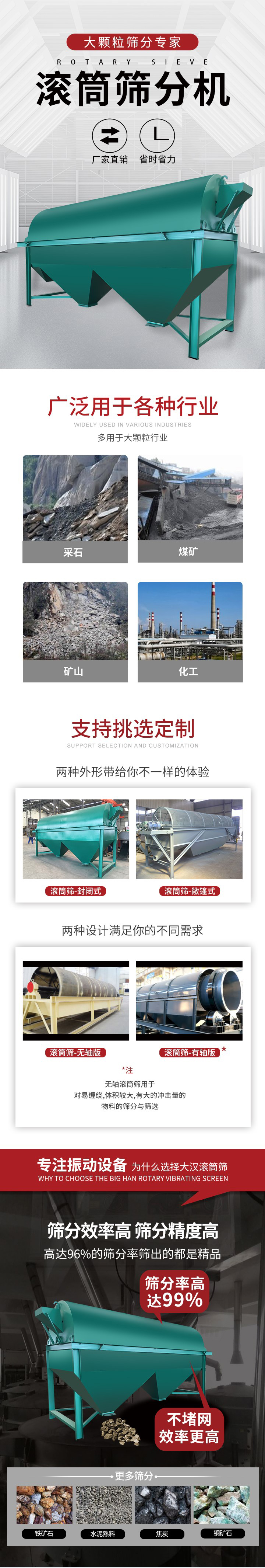 滾筒篩分機(jī)大顆粒篩分專家：廠家直銷，省時(shí)省力。滾筒篩被廣泛應(yīng)用各種行業(yè)：多用于大顆粒行業(yè)例如：采石，煤礦，礦山，化工等。滾筒篩定制類型有哪些：封閉式與敞篷式產(chǎn)品結(jié)構(gòu)分為：無軸式，有軸式兩種，無軸滾筒篩用于對纏繞，體積較大，有大的沖擊量的物料的篩分與篩選。滾筒篩篩分效率高篩分精度能夠達(dá)到：96%也比較適用于鐵礦石，水泥熟料，焦炭，銅礦石。滾筒篩特點(diǎn)：不飛粉末：密封隔離罩，密封性好，工作過程不會出現(xiàn)飛粉現(xiàn)象。外型尺寸是按筒體長計(jì)