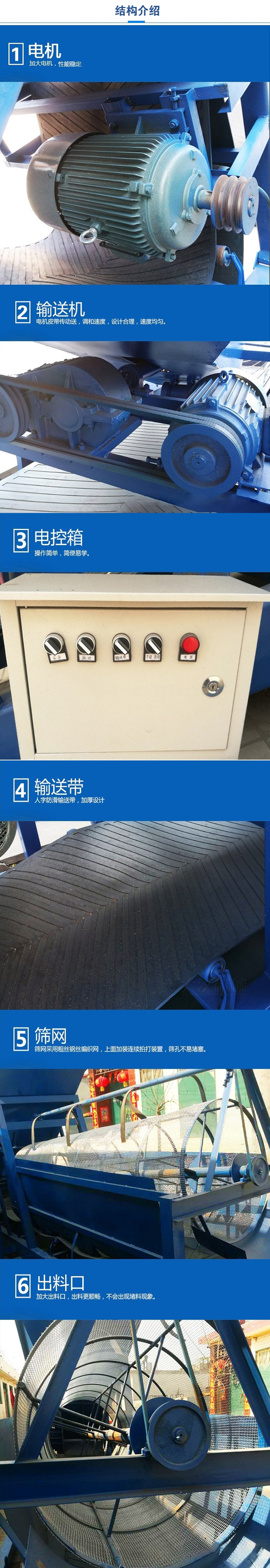 移動篩沙機結(jié)構(gòu):電機，加大電機，性能相對比較穩(wěn)定。輸送機：電機皮帶傳動送，調(diào)和速度，設(shè)計合理，速度均勻。電控箱：操作簡單，簡便易學(xué)。輸送帶：人字防滑輸送帶，加厚設(shè)計。篩網(wǎng)，采用粗絲鋼絲編織而成的篩網(wǎng)，上面加裝連續(xù)拍打裝置，篩孔不易堵塞。出料口：加大出料口，出料更順暢，不會出現(xiàn)堵料現(xiàn)象。