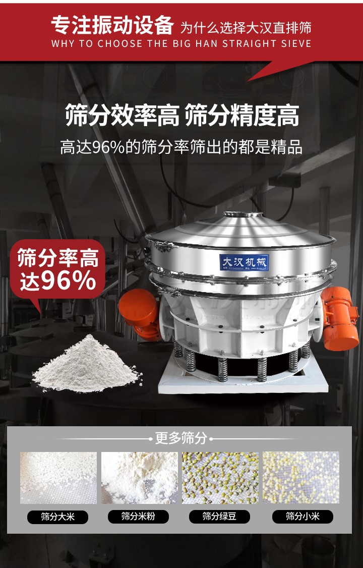 直排篩適用物料有面粉，淀粉，洗衣粉，金屬粉，添加劑，化工，非礦等行業(yè)。