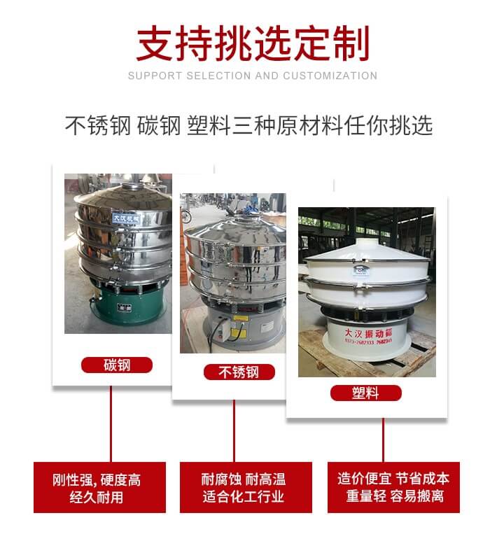 旋振篩可配置一到四層的篩網(wǎng)。旋振篩的篩分效率高，篩分精度高，篩分率高達(dá)96%。