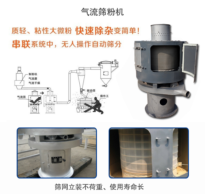 氣流篩粉機(jī)適用：質(zhì)輕，粘性大微粉采用串聯(lián)系統(tǒng)重，無(wú)人操作自動(dòng)篩分 特點(diǎn)：篩網(wǎng)立裝不負(fù)重，使用壽命長(zhǎng)。