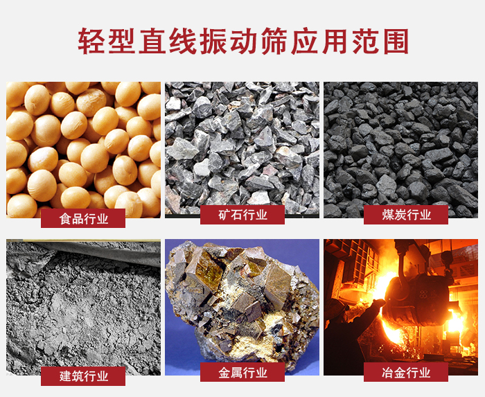 輕型直線振動篩應用范圍較廣多使用與顆粒狀，粉狀以及其它重型行業(yè)的輸送。