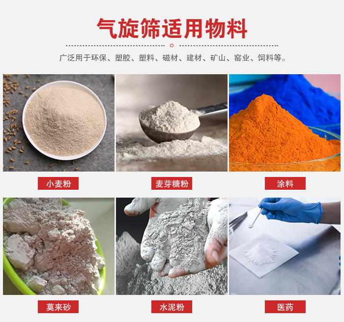 氣旋篩適用物料：小麥粉，麥芽糖粉，涂料，等粉狀物料。