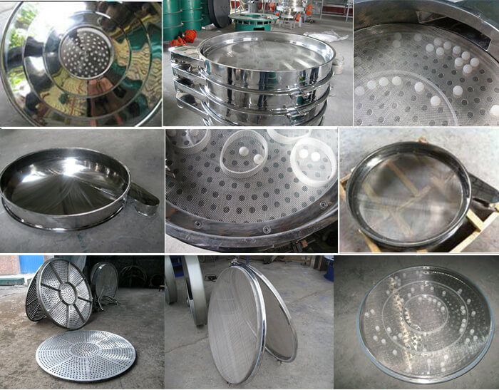 食品振動(dòng)篩細(xì)節(jié)展示：防塵蓋，篩框，網(wǎng)架，底框等。